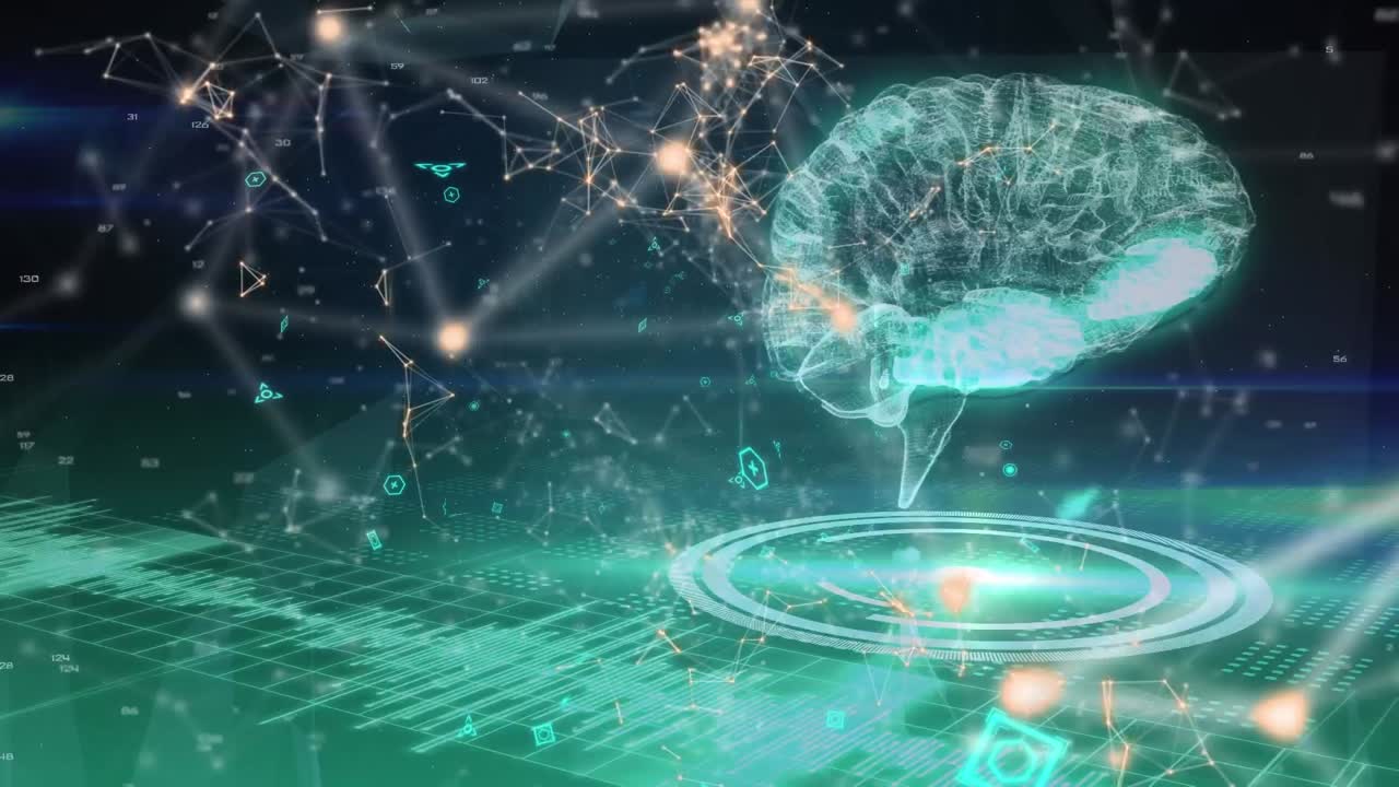 Animation of network of profile icons and data processing over human brain icon on green background