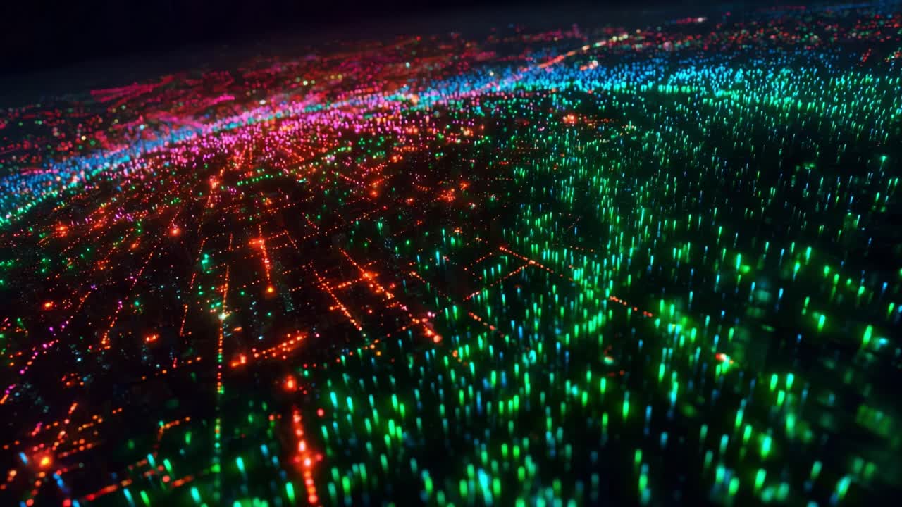 A stunning visual representation of a vibrant city illuminated by countless lights, showcasing a mesmerizing pattern of neon colors across the urban streetscape, capturing the essence of nightlife and energy