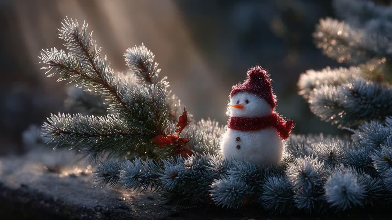 Charming Winter Scene Featuring a Snowman Amidst Frosty Pine Branches Enhanced by Soft Sunlight, Capturing the Essence of a Magical Christmas Atmosphere