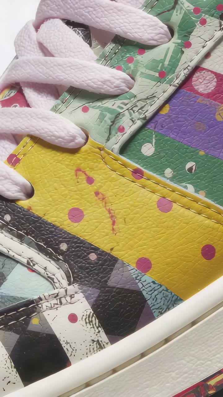Vertical video: Cam panning sneaker side to collar as finger touching pink lace revealing patterns