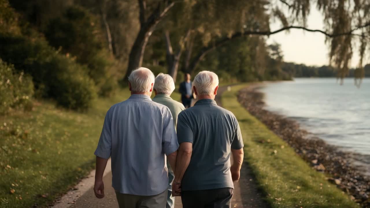 Inquadratura di tre anziani che si tengono per mano mentre camminano lungo il sentiero del lago con camicie e giacche leggere