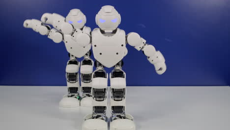 two white robots on blue background