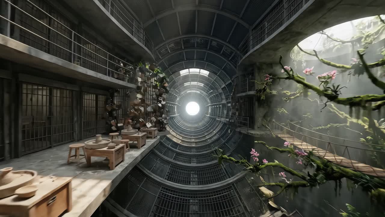 Lucchetti che cadono in una struttura carceraria circolare invasa dalla vegetazione illuminata
