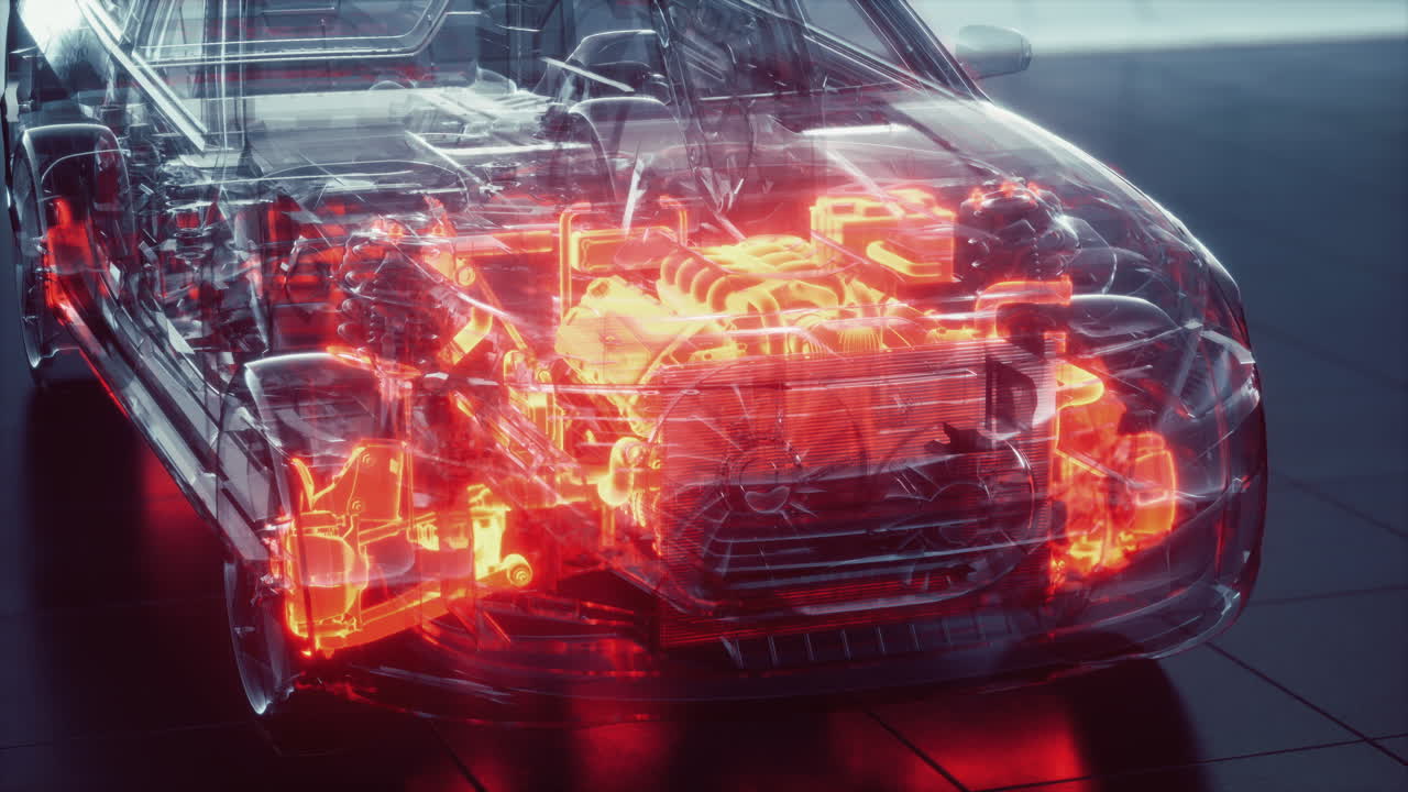 coche transparente con motor en el laboratorio