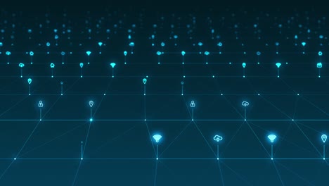 motion graphic of blue futuristic technology icon and line linked network connection abstract background concept camera zoom seamless loop video