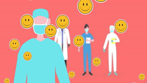 múltiples emojis de caras sonrientes flotando contra los trabajadores de la salud que llevan máscaras faciales en fondo rosa