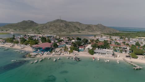 tourist village caribbean sea, aerial landscape from shore beach, pan right