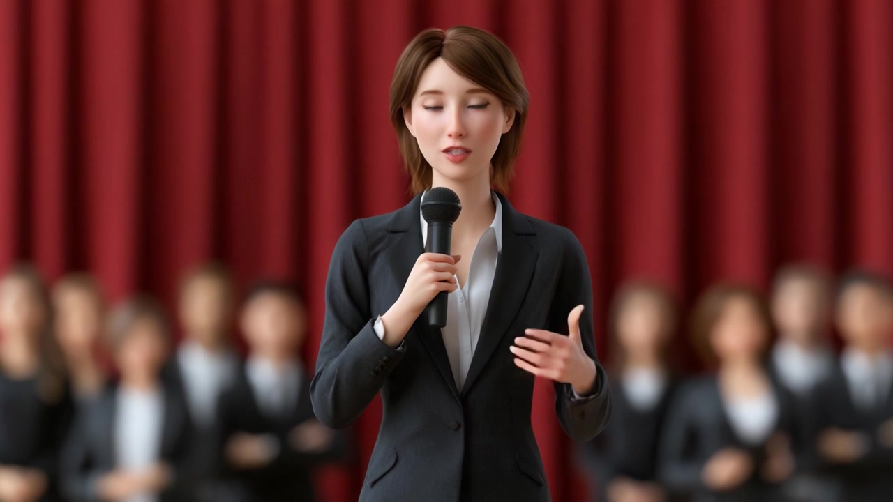 A confident woman stands before an audience, engaging with her speech while holding a microphone, showcasing poise and leadership in a formal setting.