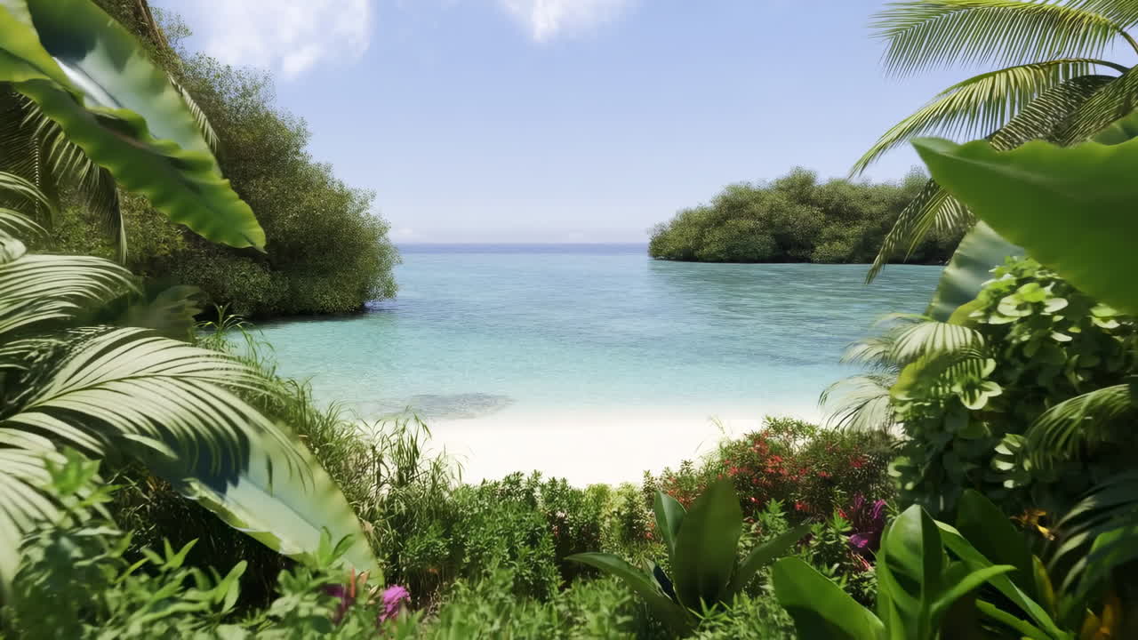 Vista di spiaggia tropicale incorniciata da una vegetazione lussureggiante, fronde di palma e laguna turchese, litorale di sabbia bianca, in lontananza