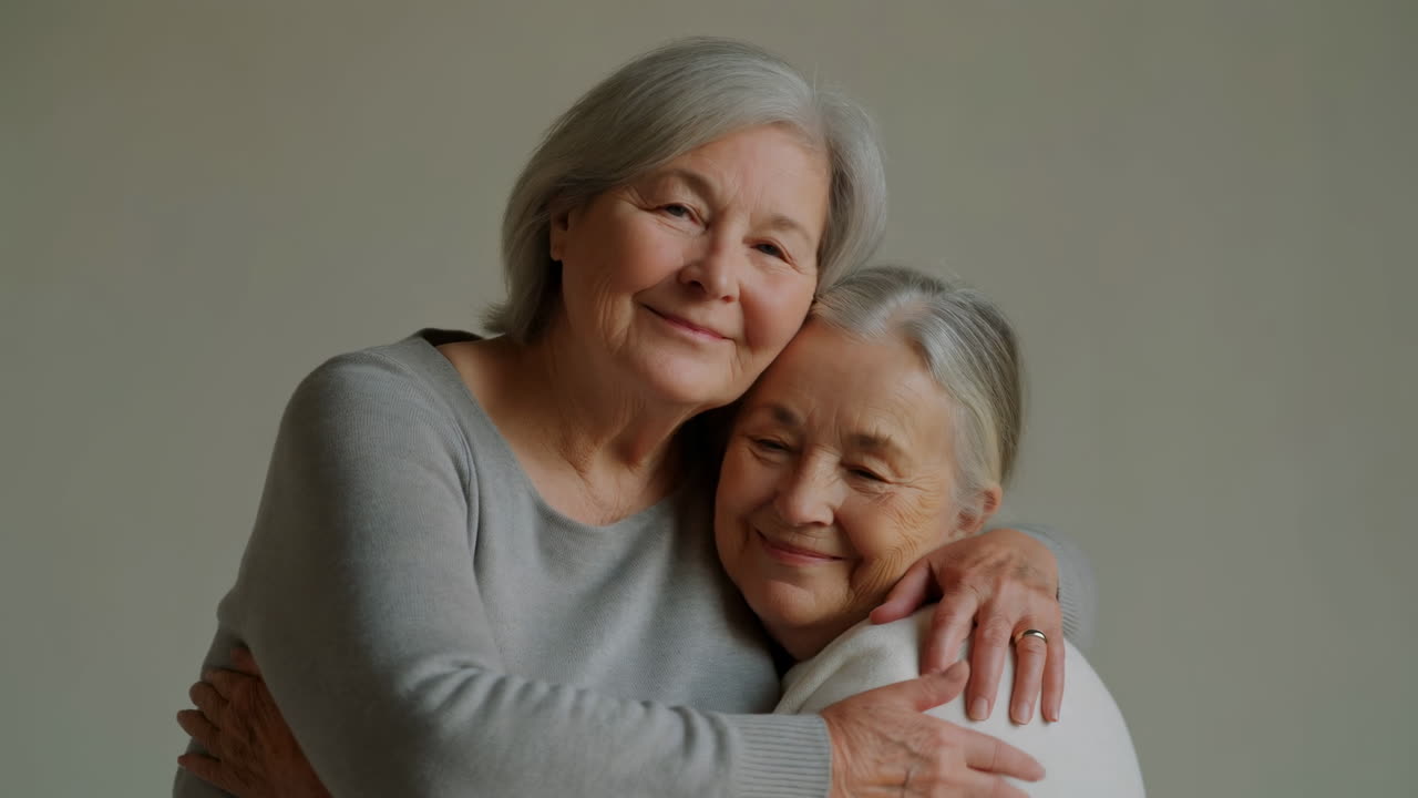 Retrato afectuoso de dos mujeres mayores sonrientes abrazándose