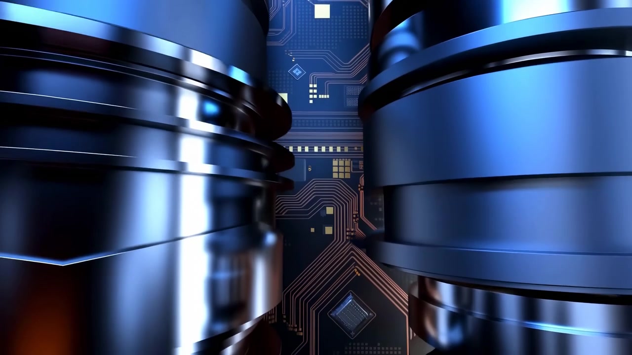 Shiny layered metal forms move across foreground while intricate electronic pathways remain visible behind them, with cool blue highlights, dark contrast, and close-up depth.