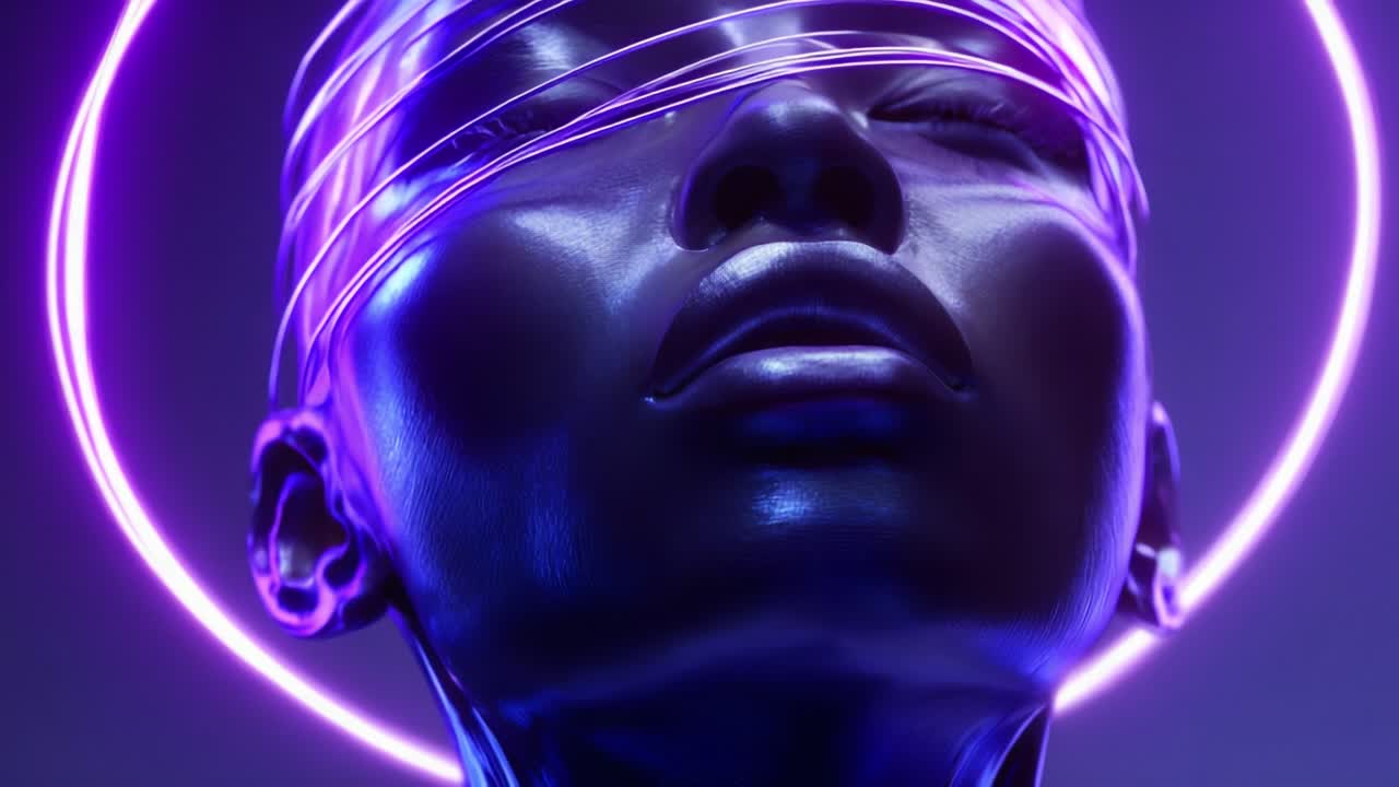 A captivating digital portrait featuring a futuristic figure with a smooth, reflective surface, blindfolded by luminous bands of light, set against a soft gradient background emphasizing the ethereal ambiance