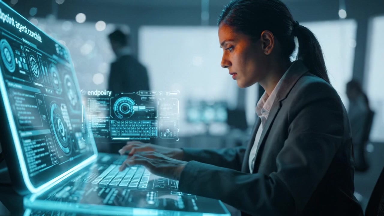 Focused individual analyzing advanced data on a futuristic console, showcasing the intersection of technology and human expertise in modern data management processes.