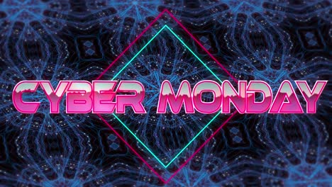 Animation-of-cyber-monday-text-in-pink-metallic-letters-over-neon-lines-on-blue-kaleidoscopic-shapes