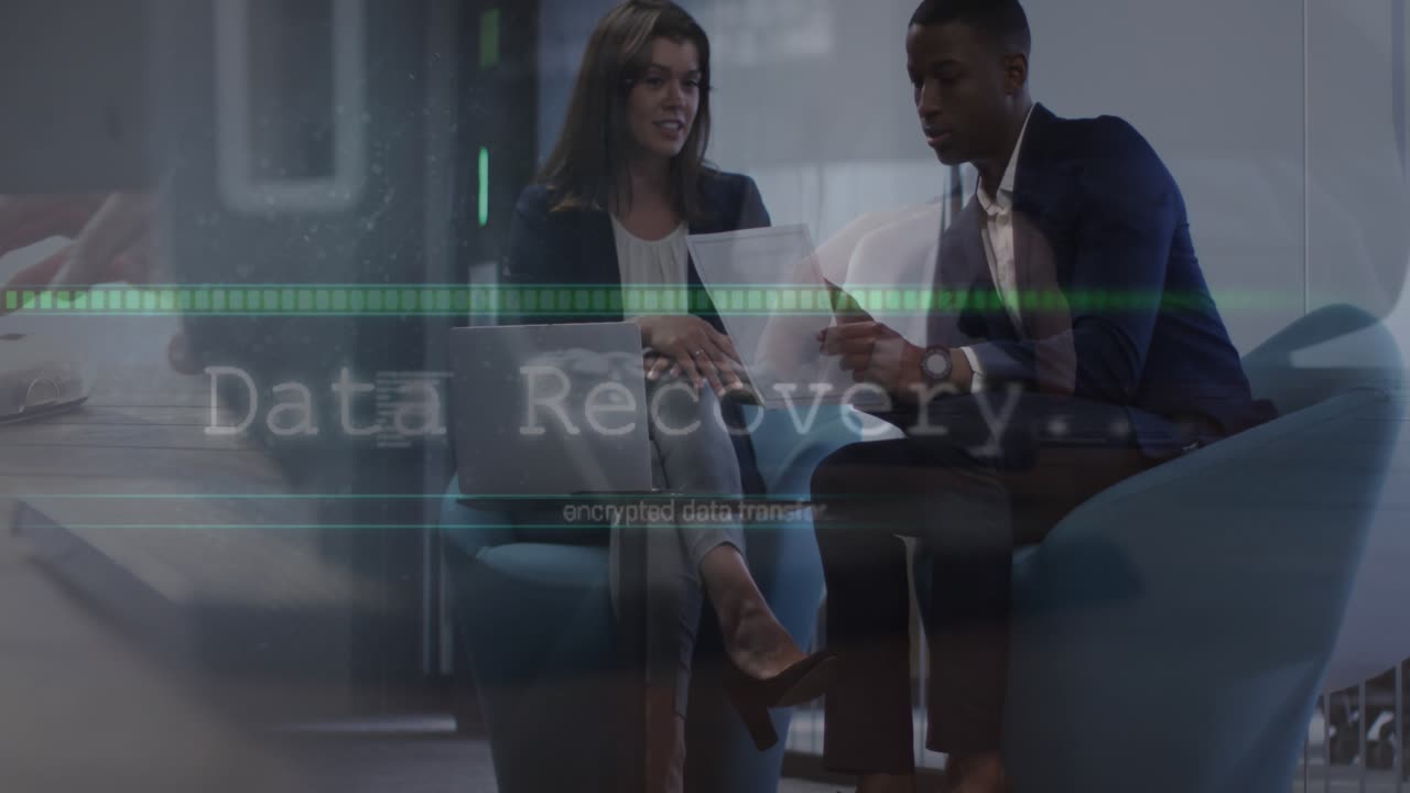 Animation of financial data processing over diverse business people working in office