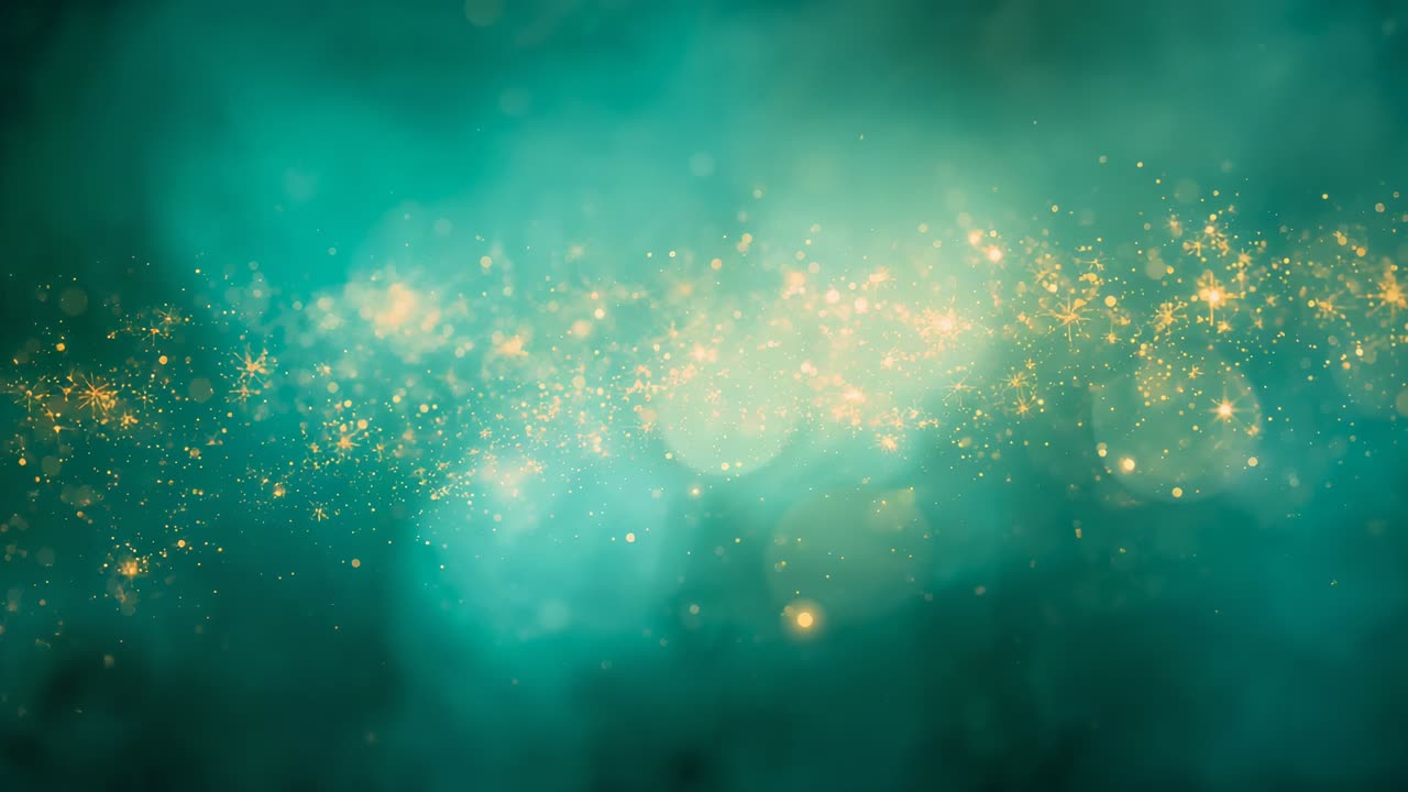 Shimmering golden particle band drifting across teal-green gradient, triggered by particle system