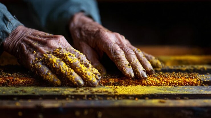 An elderly artisan's skilled hands sift through vibrant pollen and granules, showcasing the intricate beauty of craftsmanship and the rich textures of nature in exquisite detail