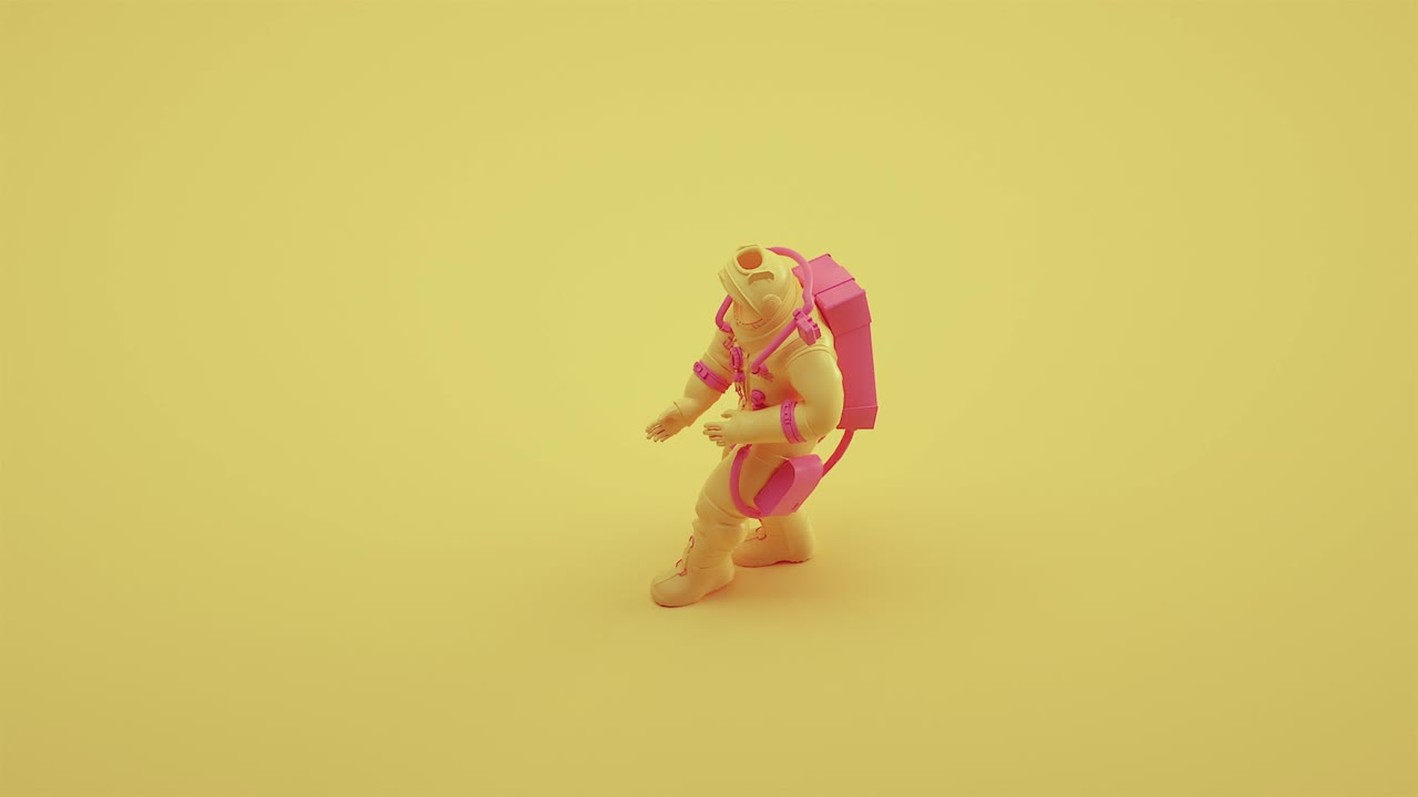 animación 3d sin costuras astronauta de azúcar bailando salsa con en un fondo amarillo. divertido fondo 4k con decoración para minimalista abstracto - renderización 3d