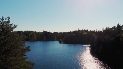 Cinematic-ascending-aerial-shot-of-deep-blue-lake-surrounded-by-wilderness,-lush-coniferous-forest