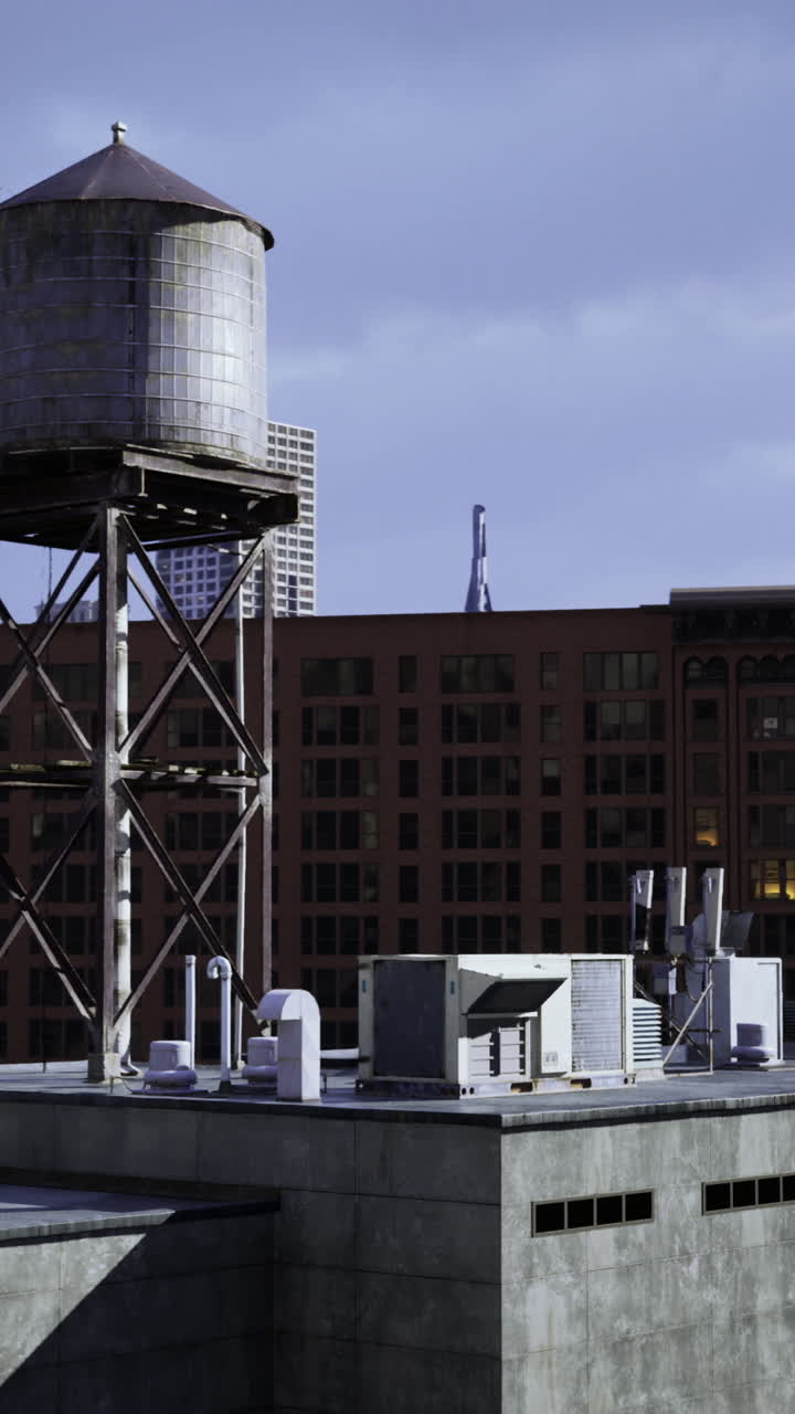 Industrial skyline with water tower and urban architecture in evening light