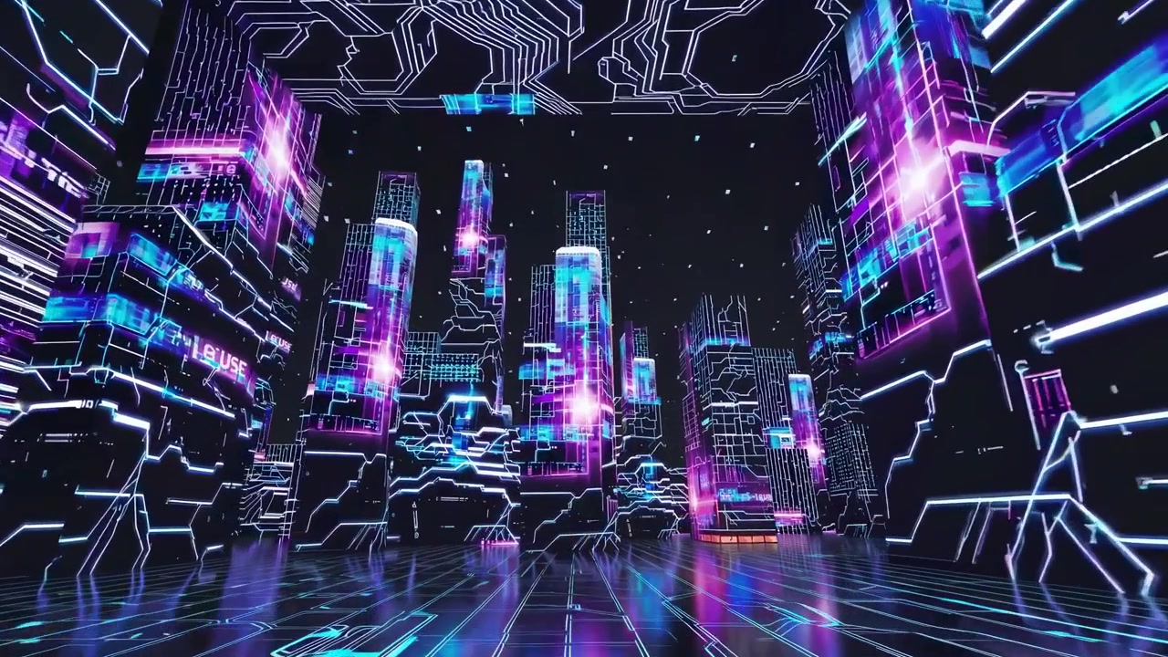 Futuristic Digital Cityscape with Glowing Circuit Board Patterns