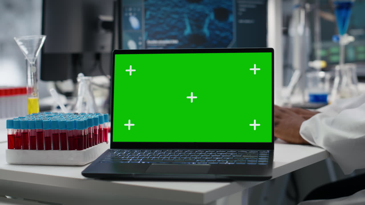 Scientist Using Mockup Laptop In Laboratory, Driving Treatment Discovery