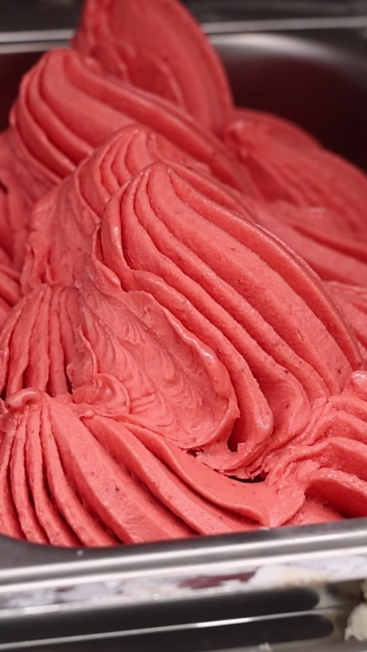 Close-up of Fresh Strawberry Gelato in a Metal Display Tray
