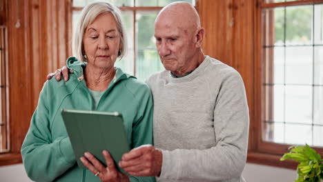 home, conversation and senior couple with tablet