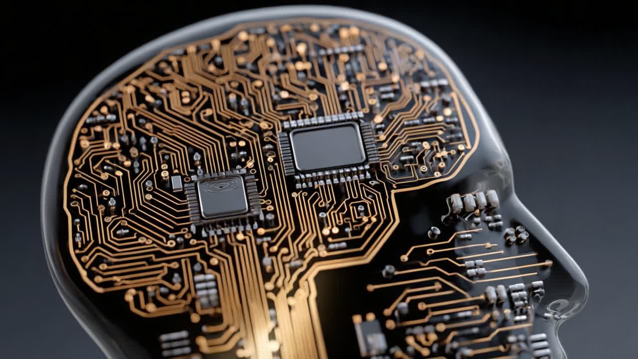 A Close-Up Look at a Futuristic Artificial Intelligence Head Featuring Intricate Circuitry and Microchips, Representing the Convergence of Technology and Human Thought