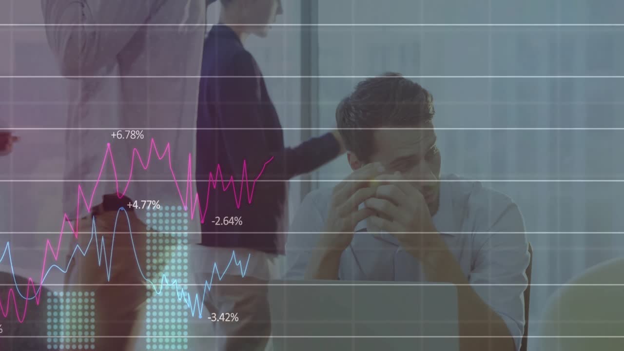 Animering av finansiella datadiagram över stressade affärspersoner på kontoret.