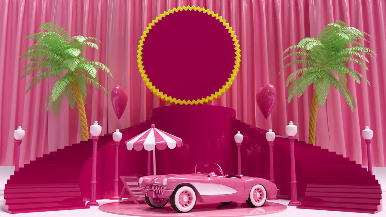 Palco rosa glamour con auto decappottabile retrò e palme