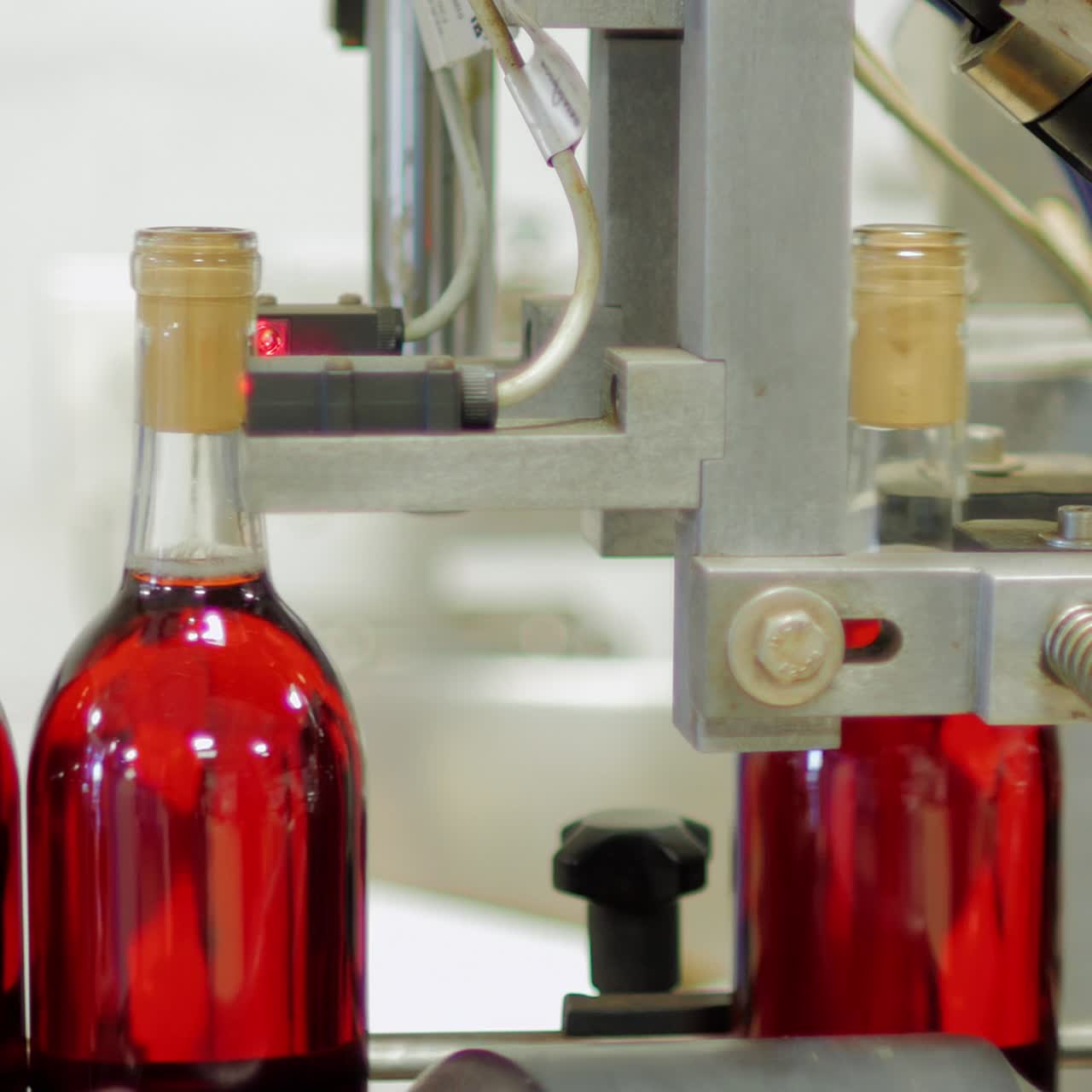 컨베이어 벨트에서 움직이는 레드 와인 병 1