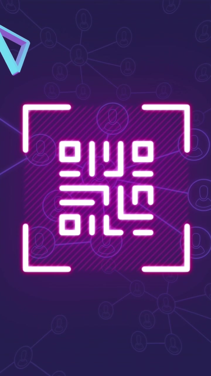 Animation of glowing pink qr code and 3d shapes over network on black background
