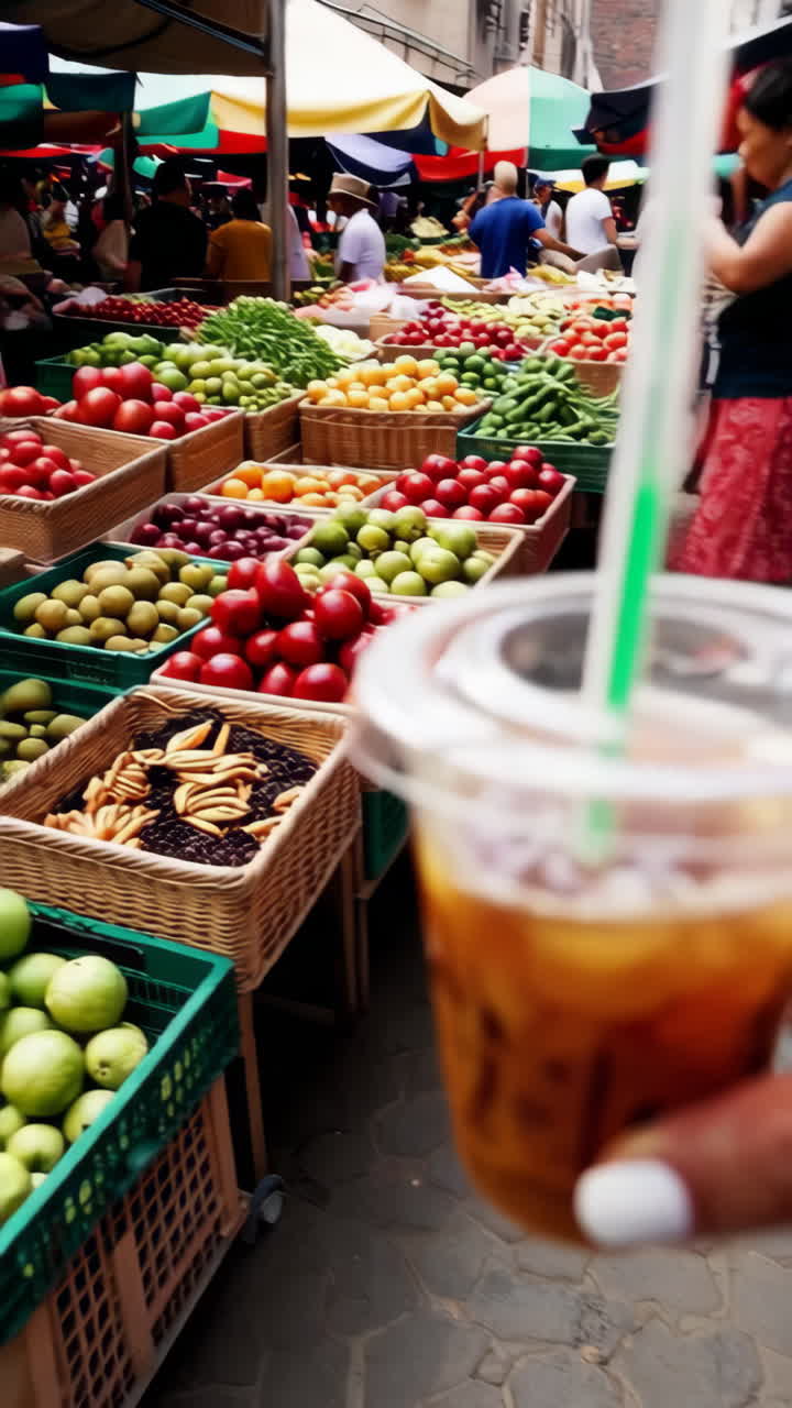 Enjoying a refreshing drink at a bustling outdoor food market
