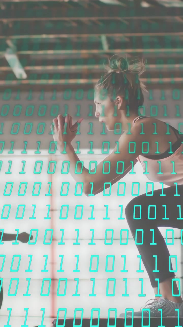 Vertical video: Woman entering right, doing squats for fitness while teal binary mapping motion