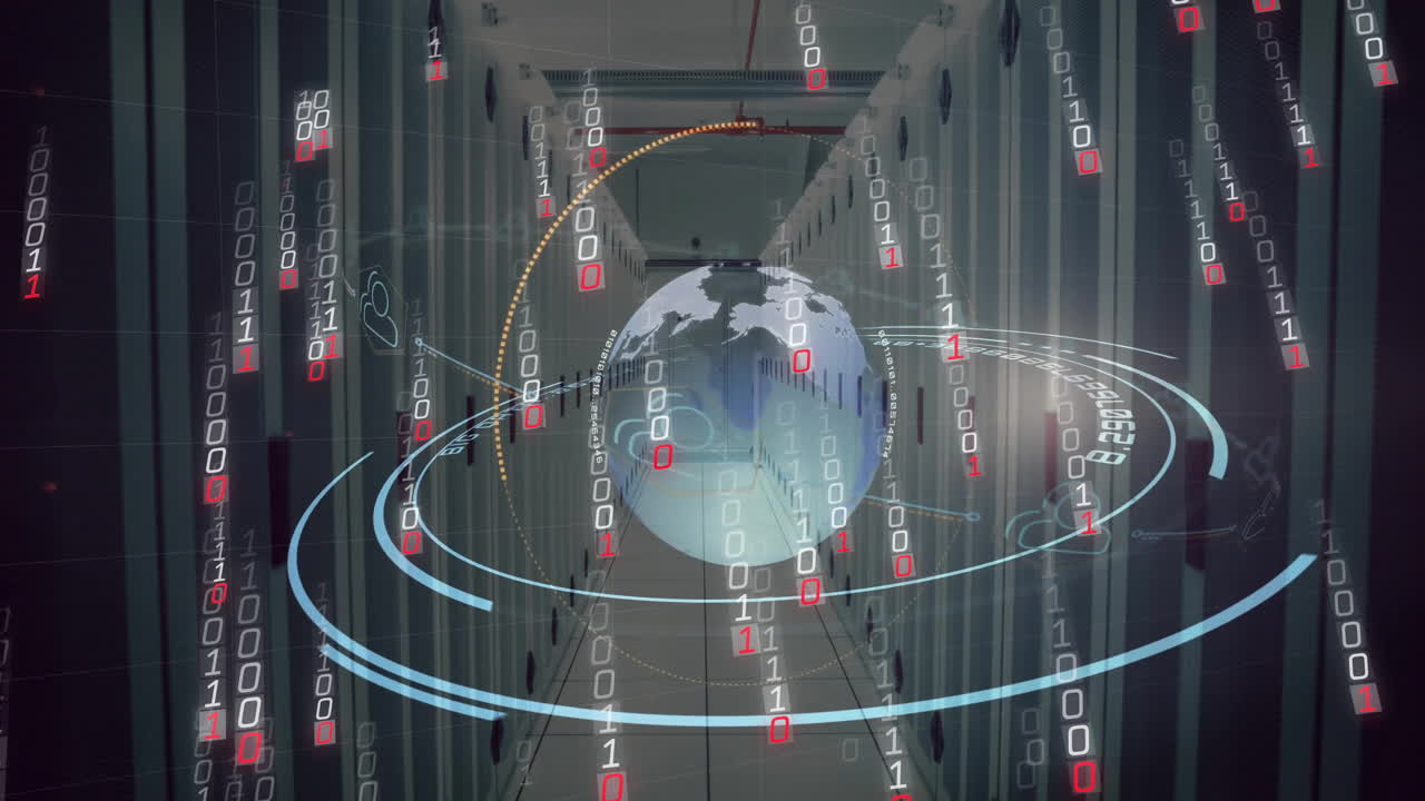 Animation of digital data processing, binary coding and globe over computer servers