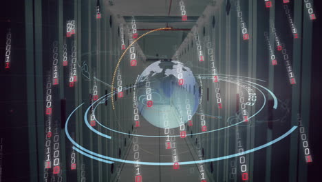 Animación-Del-Procesamiento-De-Datos-Digitales,-Codificación-Binaria-Y-Globo-Sobre-Servidores-Informáticos