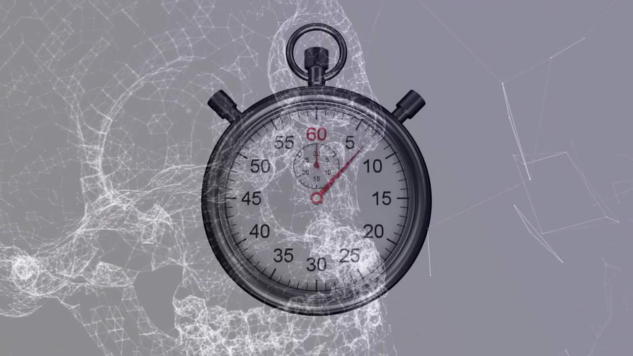 Analog stopwatch spinning in digital environment, with floating wireframe clouds and network nodes