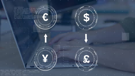 Animation-of-currency-symbols-with-data-processing-over-caucasian-businessman-using-laptop