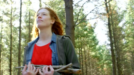 woman walking with wooden sticks in the forest 4k