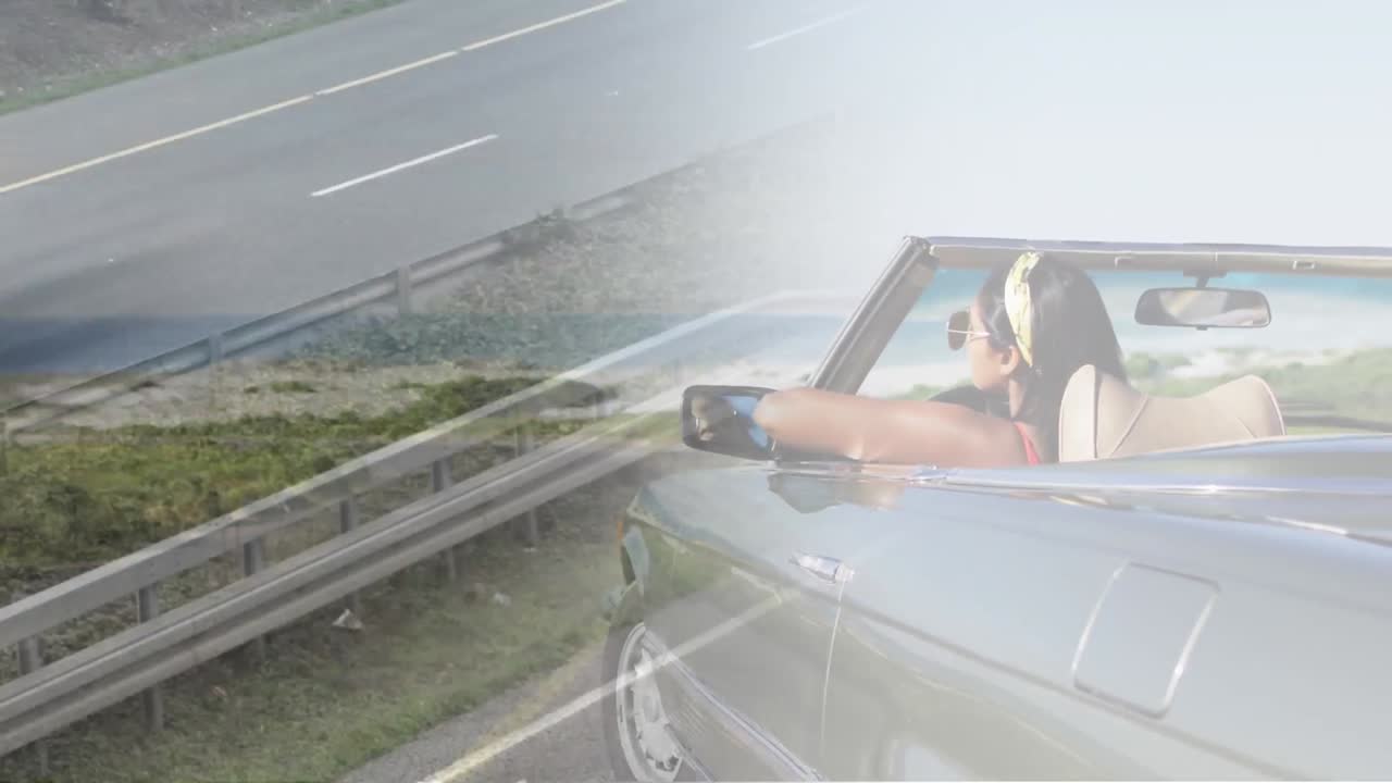 자동차를 운전하는 아시아 여성의 도로 위의 애니메이션