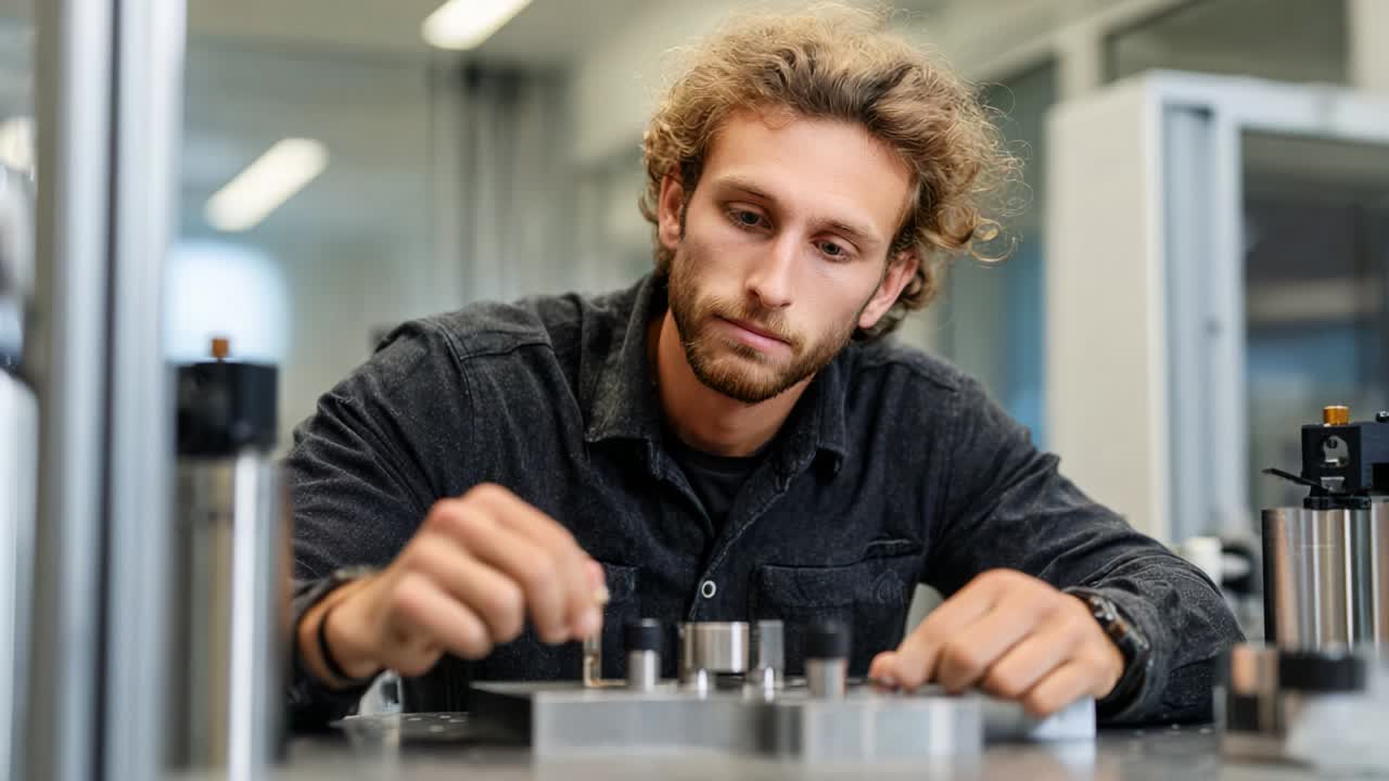 Focused on Precision: A Skilled Technician Engages in Detailed Assembly Work, Carefully Handling Components and Tools to Create Mechanical Parts in a Modern Workshop Environment