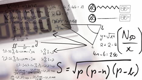 animación de ecuaciones matemáticas escritas a mano que se mueven sobre la pantalla de la calculadora, en blanco