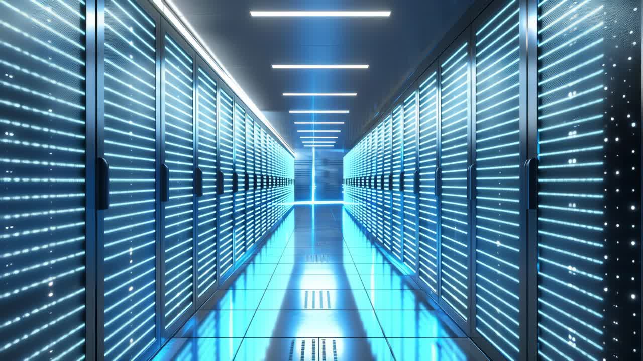 Futuristic data center with glowing servers, captured from a low-angle