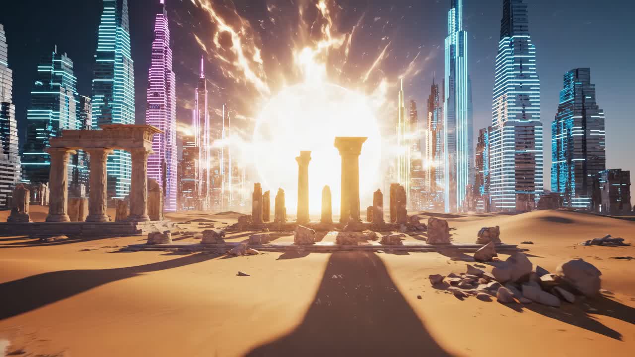 Futuristic Cityscape with Ancient Ruins and a Giant Sun