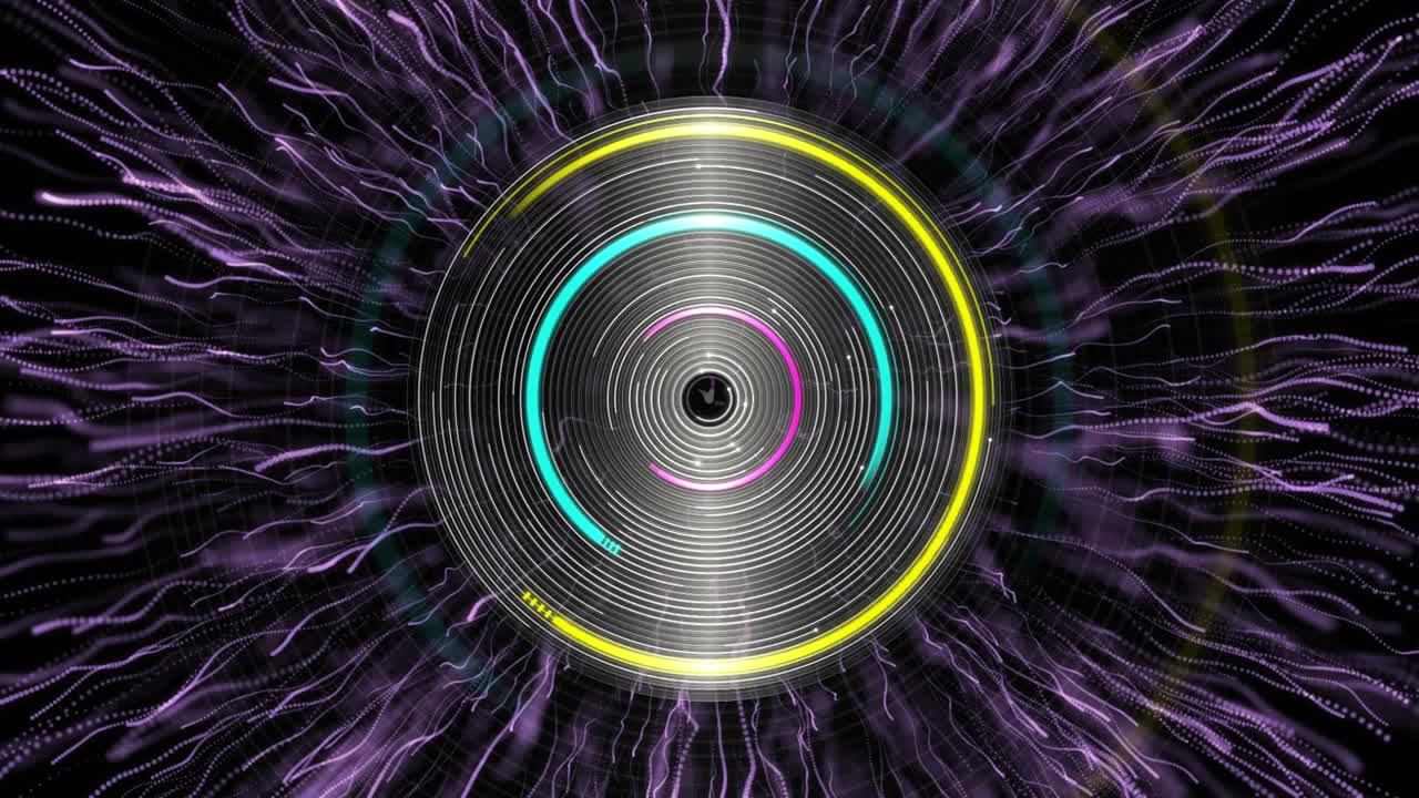 animación de la explosión de rastros de luz púrpura sobre círculos giratorios sobre fondo negro