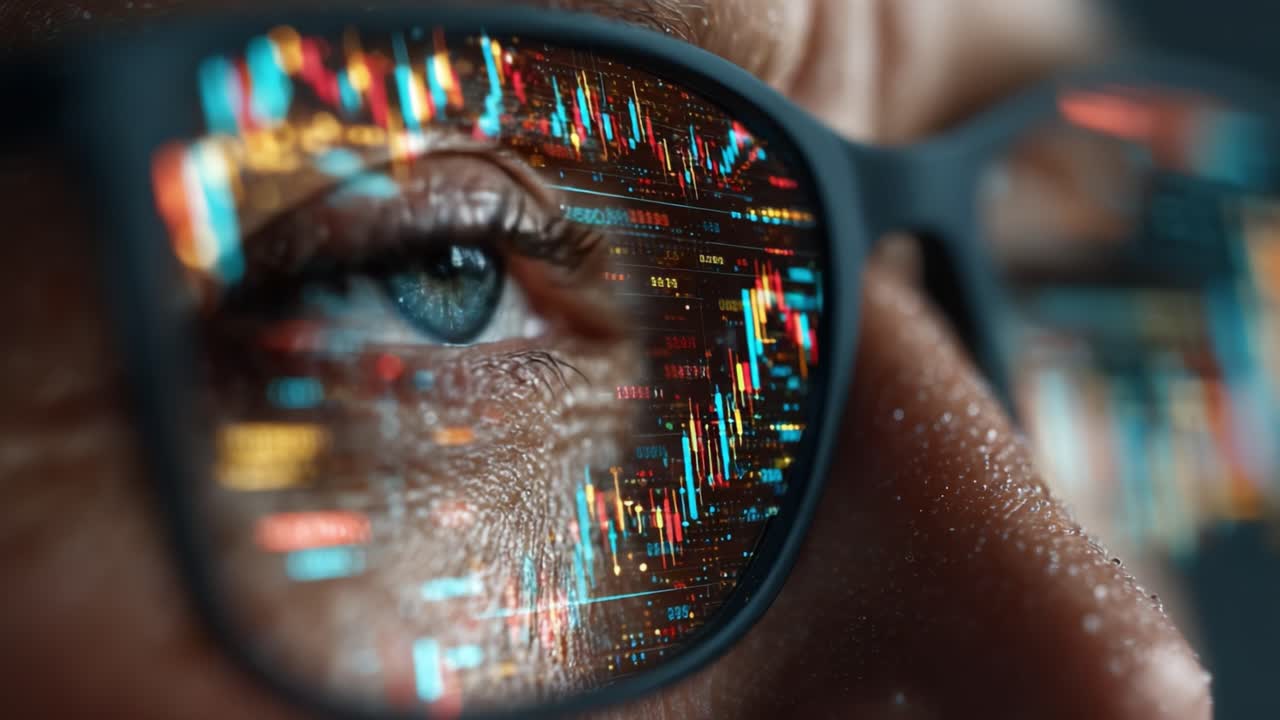 A Close-Up View of an Eye Observing Data Visualizations through Glasses, Featuring Vivid Graphs and Trends Represented in a Digital Format