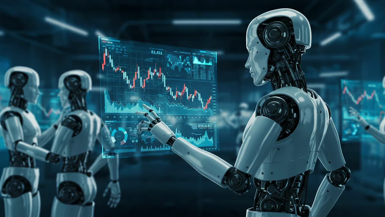Futuristic Robotics: Intelligent Androids Analyzing Data Visualizations in a High-Tech Environment that Showcases Advanced AI Capabilities and Market Trends