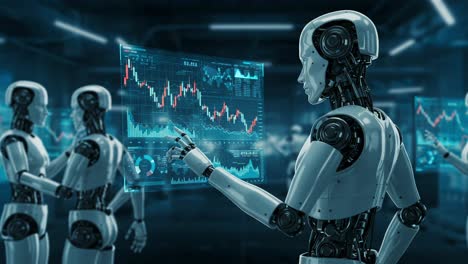 futuristic robotics: intelligent androids analyzing data visualizations in a high-tech environment that showcases advanced ai capabilities and market trends