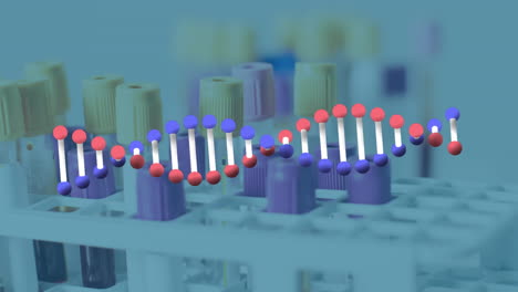 animación de una cadena de adn que gira sobre tubos de ensayo de laboratorio.